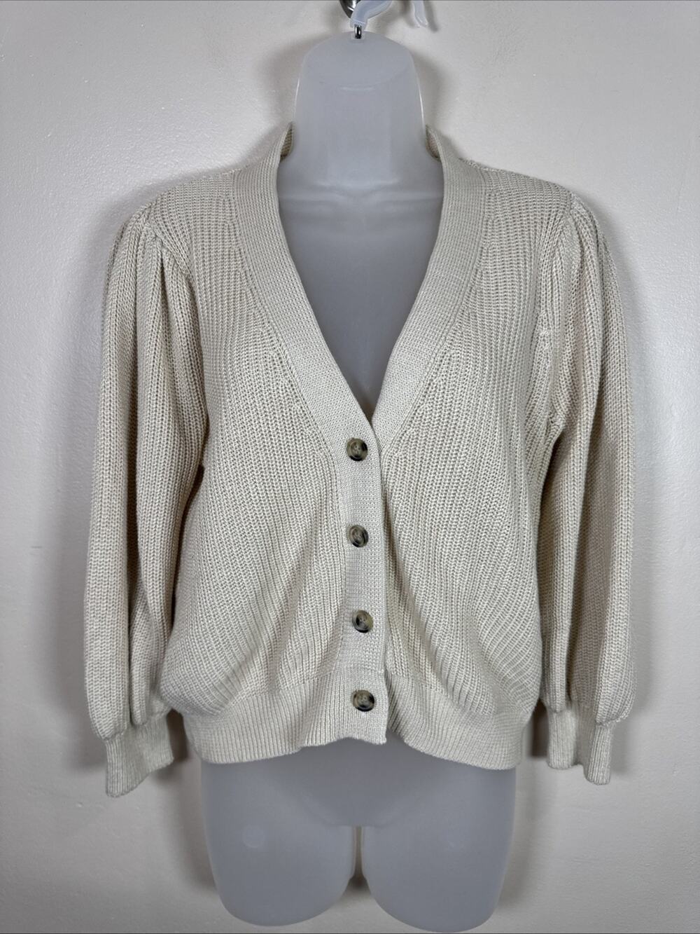 EVEREVE Womens Chunky Knit Cardigan Cropped Balloon Sleeve Oversized XS Button